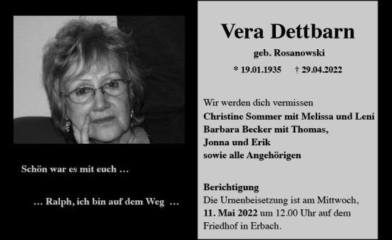 Traueranzeige von Vera Dettbarn von vrm-trauer AZ Mainz