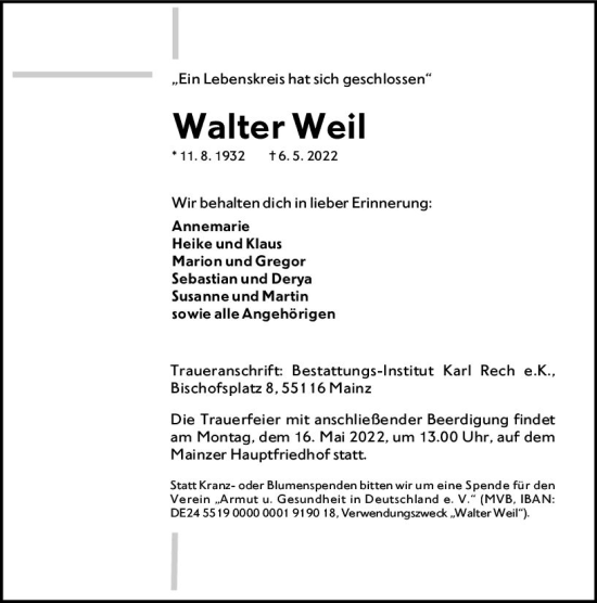 Traueranzeige von Walter Weil von vrm-trauer AZ Mainz