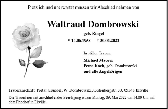Traueranzeige von Waltraud Dombrowski von vrm-trauer Rheingau