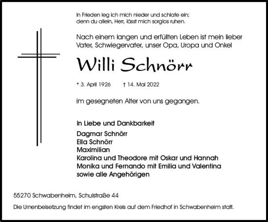 Traueranzeige von Willi Schnörr von vrm-trauer Allgemeine  Zeitung Ingelheim-Bingen