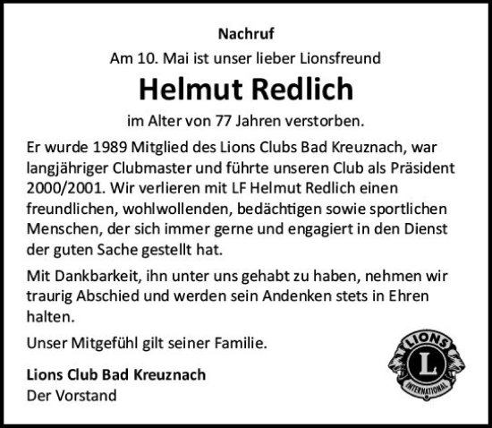 Traueranzeige von Helmut Redlich von vrm-trauer Allg. Zeitung Bad Kreuznach