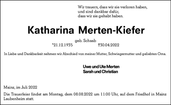 Traueranzeige von Katharina Merten-Kiefer von vrm-trauer AZ Mainz