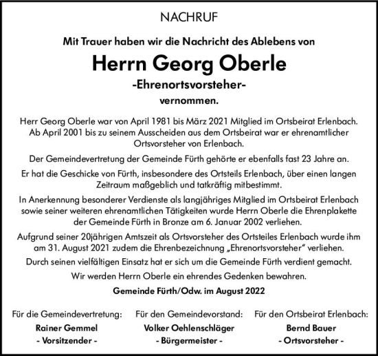 Traueranzeige von Georg Oberle von vrm-trauer Bürstädter/Lamperth. Ztg/Starkenburger