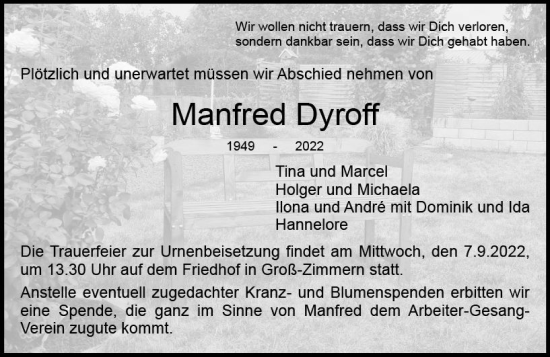 Traueranzeige von Manfred Dyroff von vrm-trauer DieburgerAnzeiger/Groß-Zimmerner Lokala