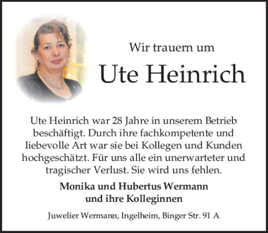 Traueranzeige von Ute Heinrich von vrm-trauer Allgemeine  Zeitung Ingelheim-Bingen