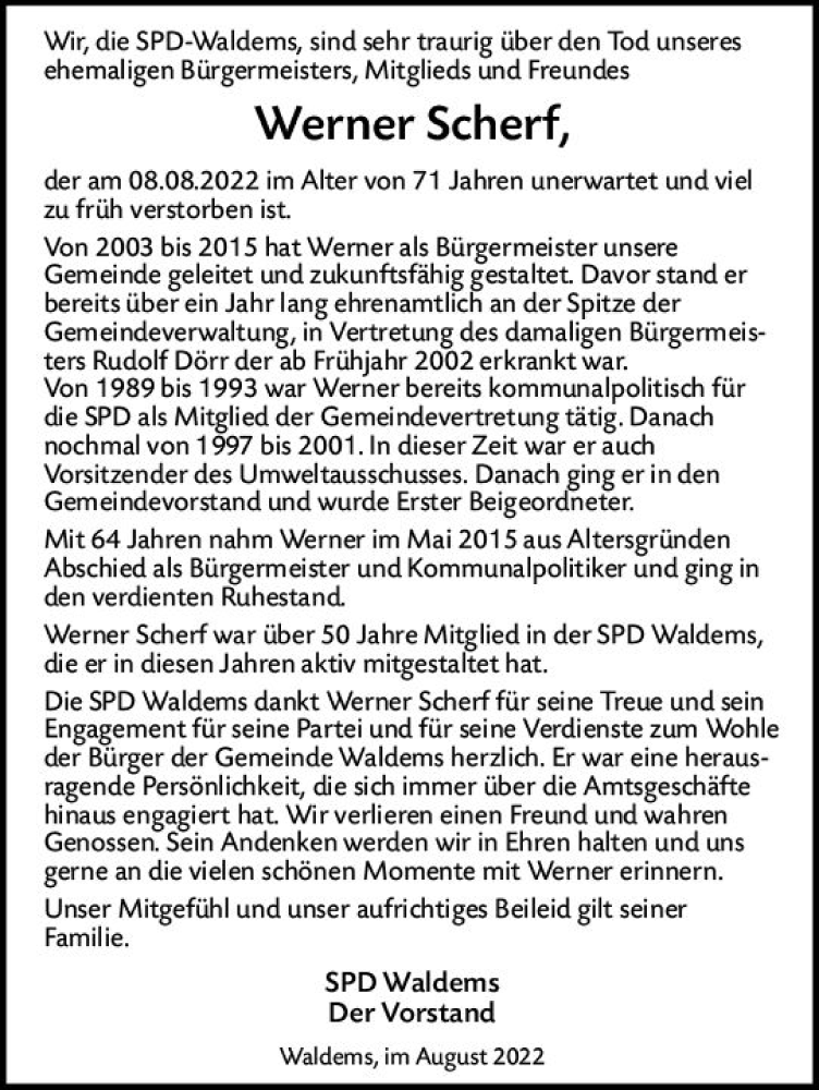  Traueranzeige für Werner Scherf vom 24.08.2022 aus vrm-trauer Idsteiner Zeitung