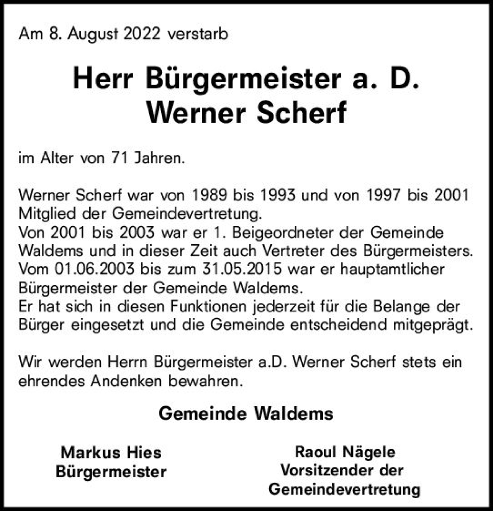  Traueranzeige für Werner Scherf vom 18.08.2022 aus vrm-trauer Idsteiner Zeitung
