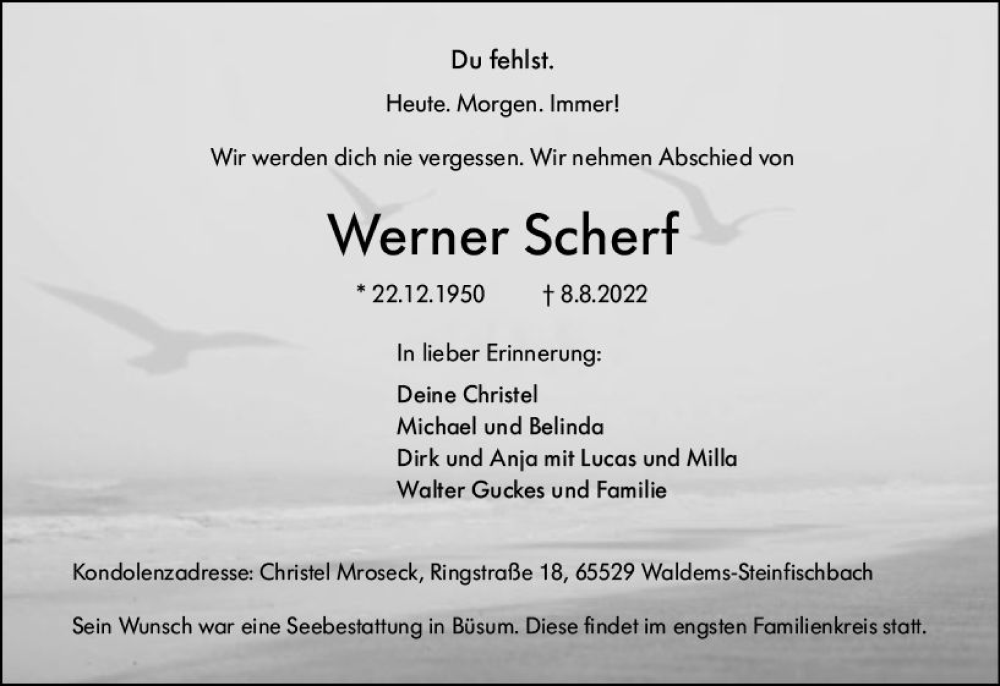  Traueranzeige für Werner Scherf vom 20.08.2022 aus vrm-trauer Idsteiner Zeitung
