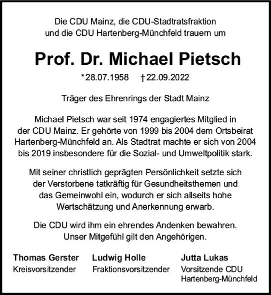 Traueranzeige für Michael Pietsch vom 01.10.2022 aus vrm-trauer AZ Mainz