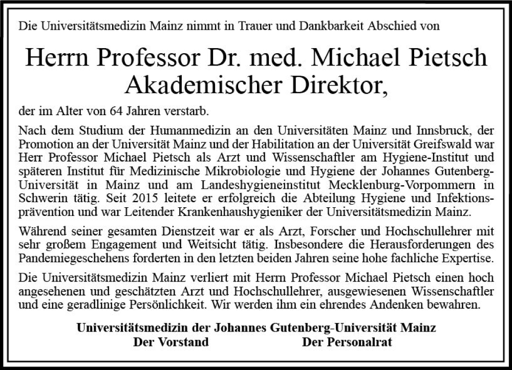  Traueranzeige für Michael Pietsch vom 01.10.2022 aus vrm-trauer Wiesbadener Kurier