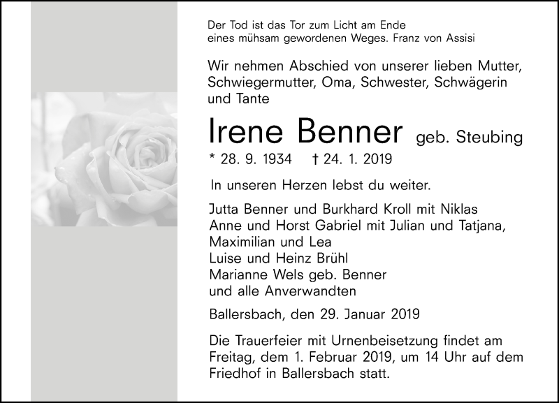  Traueranzeige für Irene Benner vom 29.01.2019 aus 202 Dill Block (120)