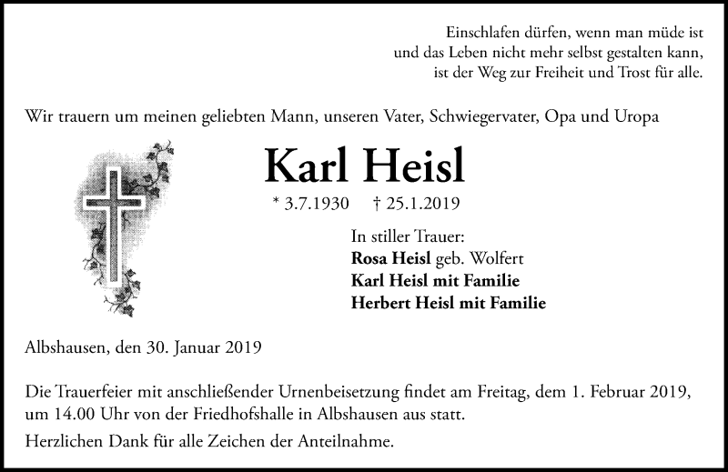  Traueranzeige für Karl Heisl vom 30.01.2019 aus 201 WNZ - Wetzlarer Neue Zeitung (110)