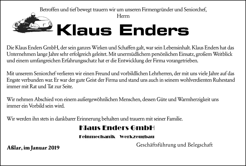  Traueranzeige für Klaus Enders vom 24.01.2019 aus 201 WNZ - Wetzlarer Neue Zeitung (110)