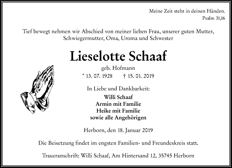  Traueranzeige für Lieselotte Schaaf vom 18.01.2019 aus 202 Dill Block (120)