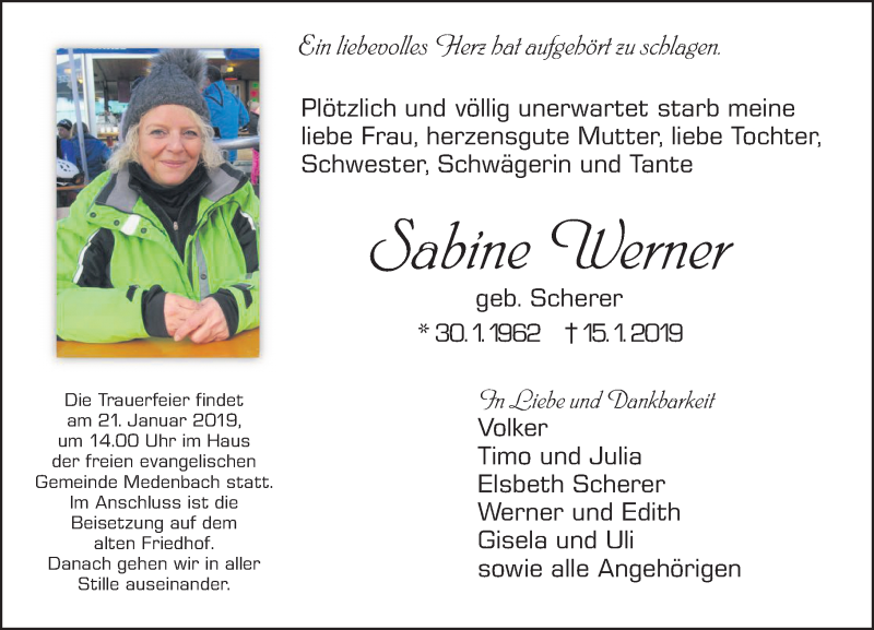  Traueranzeige für Sabine Werner vom 18.01.2019 aus 202 Dill Block (120)