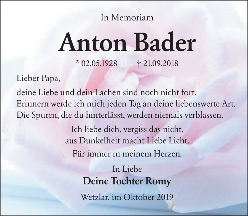  Traueranzeige für Anton Bader vom 26.10.2019 aus 201 WNZ - Wetzlarer Neue Zeitung (110)