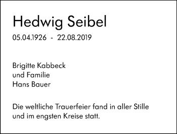 Traueranzeige von Hedwig Seibel von 201 WNZ - Wetzlarer Neue Zeitung (110)