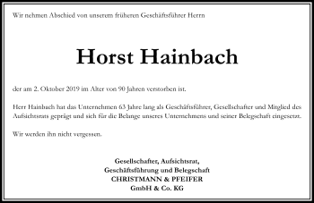 Traueranzeige von Horst Hainbach von 205 HA - Hinterländer Anzeiger (130)