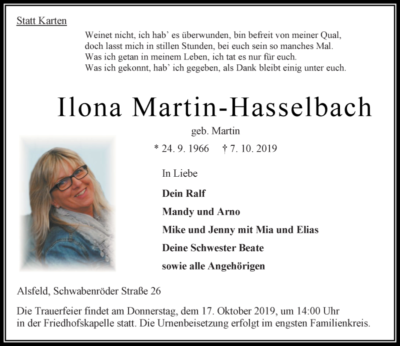  Traueranzeige für Ilona Martin-Hasselbach vom 12.10.2019 aus VRM Trauer
