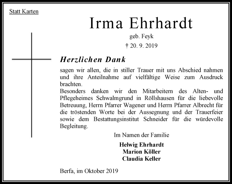  Traueranzeige für Irma Ehrhardt vom 19.10.2019 aus 563 Oberhessische Zeitung