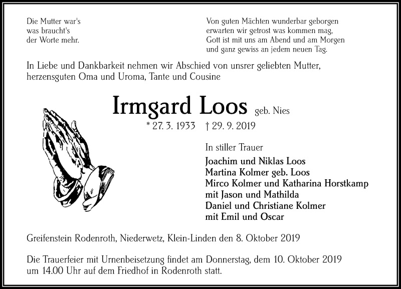  Traueranzeige für Irmgard Loos vom 08.10.2019 aus 202 Dill Block (120)