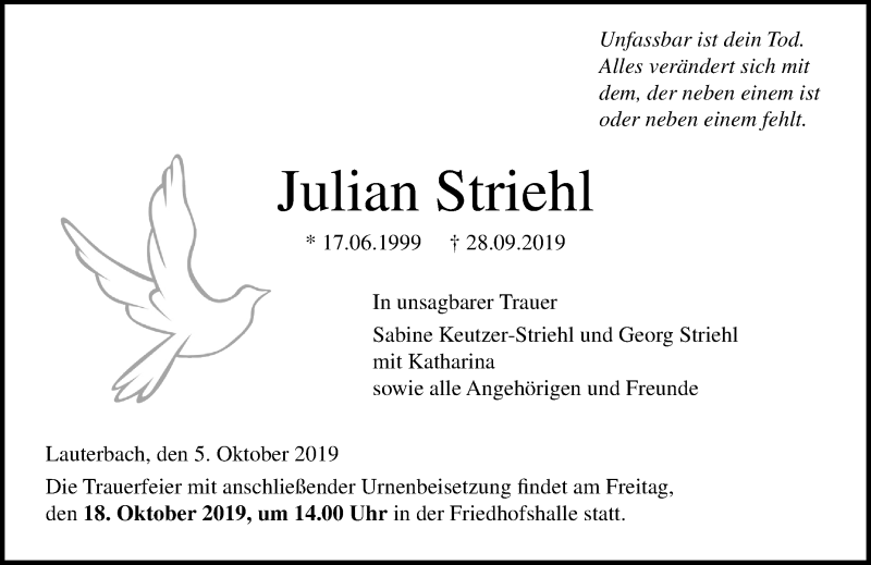  Traueranzeige für Julian Striehl vom 05.10.2019 aus VRM Trauer