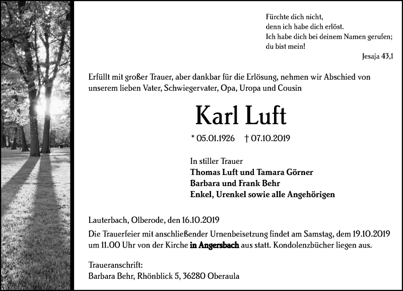  Traueranzeige für Karl Luft vom 16.10.2019 aus VRM Trauer