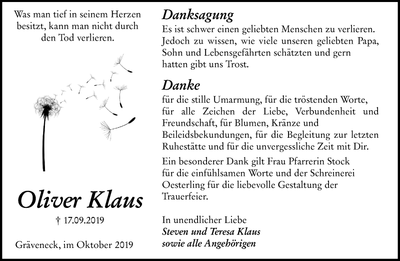  Traueranzeige für Oliver Klaus vom 05.10.2019 aus 206 WBT - Weilburger Tageblatt (140)