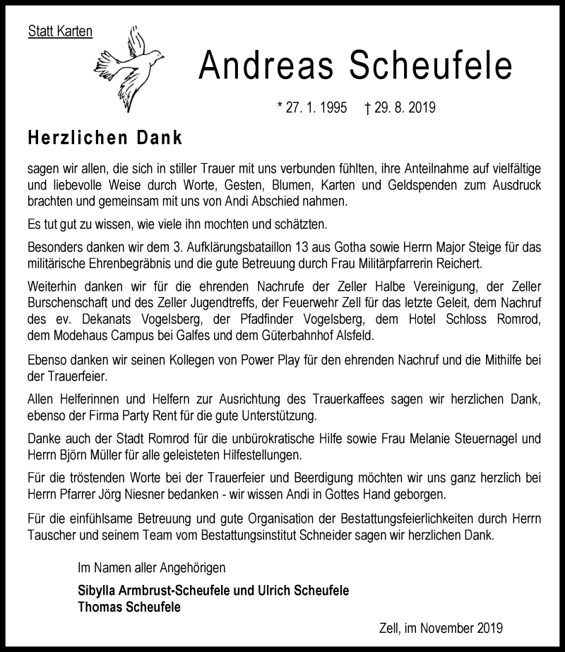  Traueranzeige für Andreas Scheufele vom 02.11.2019 aus 563 Oberhessische Zeitung