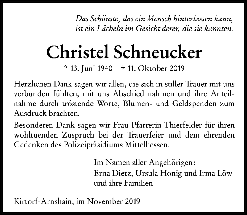  Traueranzeige für Christel Schneucker vom 09.11.2019 aus 563 Oberhessische Zeitung