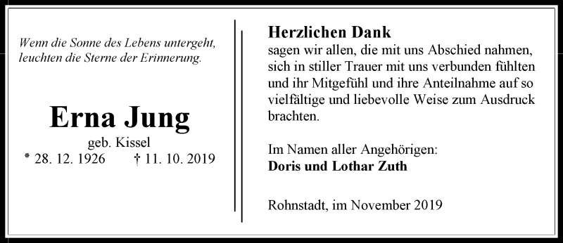  Traueranzeige für Erna Jung vom 23.11.2019 aus 206 WBT - Weilburger Tageblatt (140)