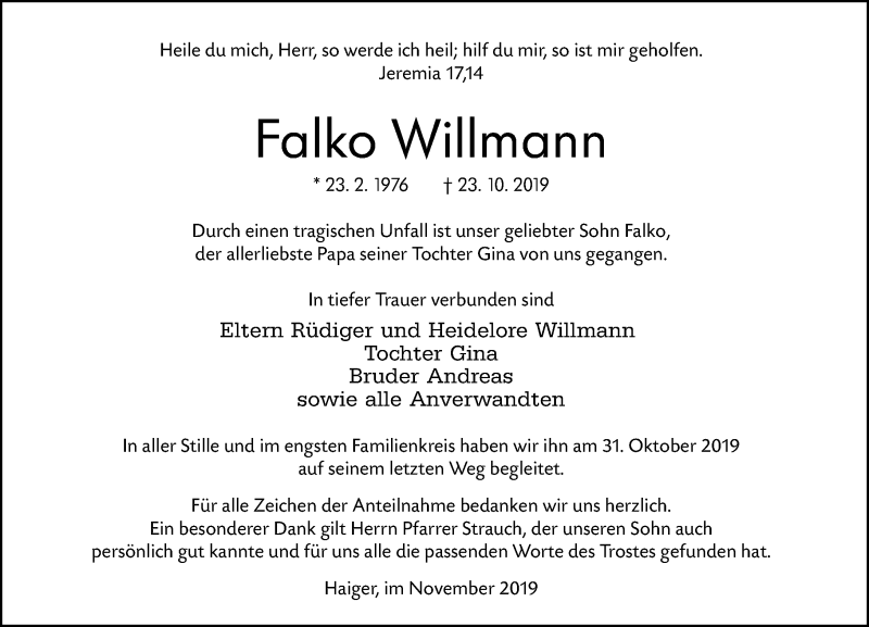  Traueranzeige für Falko Willmann vom 09.11.2019 aus 202 Dill Block (120)