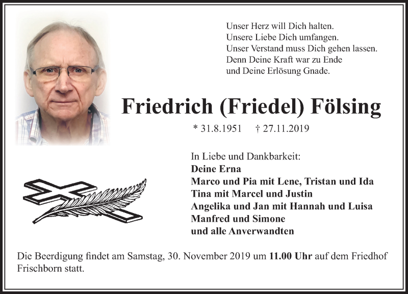  Traueranzeige für Friedrich Fölsing vom 28.11.2019 aus VRM Trauer