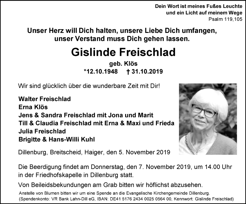  Traueranzeige für Gislinde Freischlad vom 05.11.2019 aus 202 Dill Block (120)
