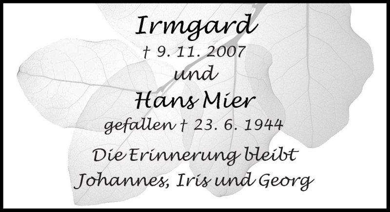  Traueranzeige für Irmgard Mier vom 09.11.2019 aus 201 WNZ - Wetzlarer Neue Zeitung (110)