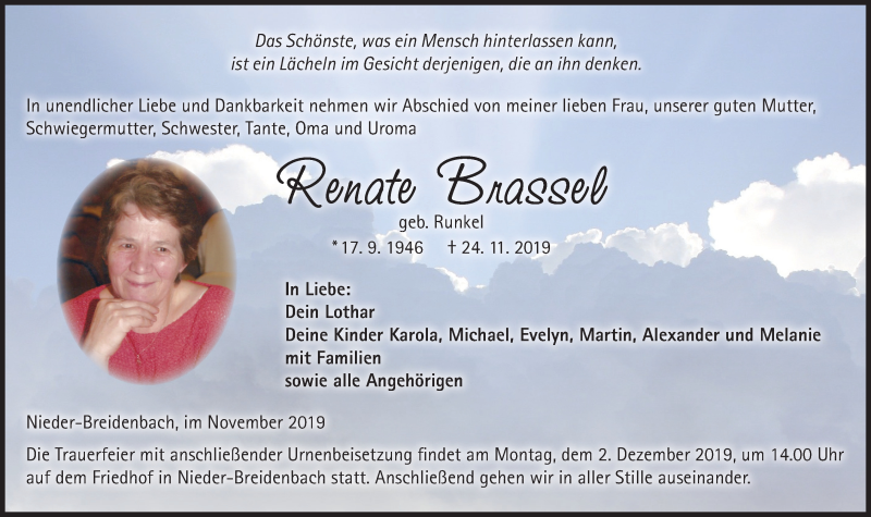  Traueranzeige für Renate Brassel vom 30.11.2019 aus VRM Trauer
