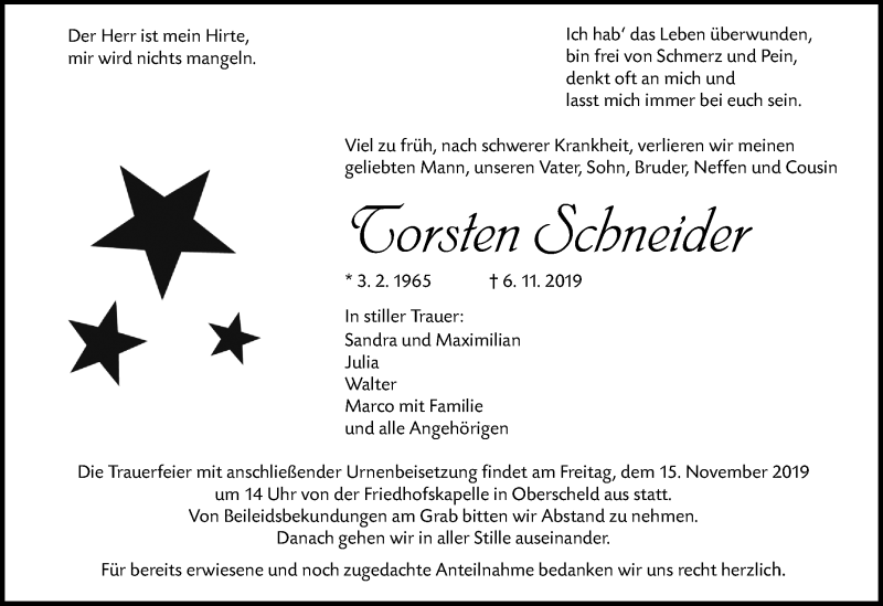  Traueranzeige für Torsten Schneider vom 12.11.2019 aus 205 HA - Hinterländer Anzeiger (130)