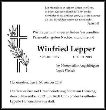 Traueranzeige von Winfried Lepper von 201 WNZ - Wetzlarer Neue Zeitung (110)