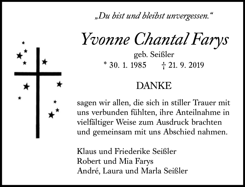  Traueranzeige für Yvonne Chantal Farys vom 23.11.2019 aus 202 Dill Block (120)