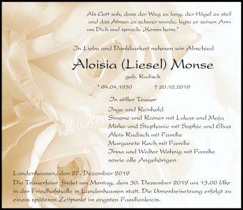 Traueranzeige von Aloisia  Monse von 562 Lauterbacher Anzeiger