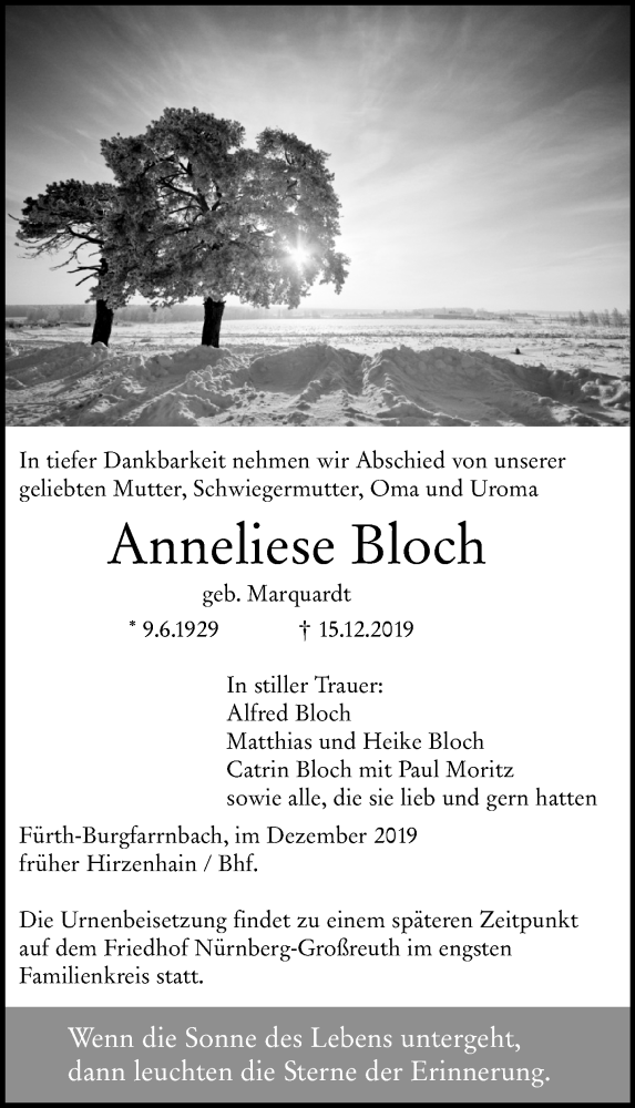  Traueranzeige für Anneliese Bloch vom 21.12.2019 aus 202 Dill Block