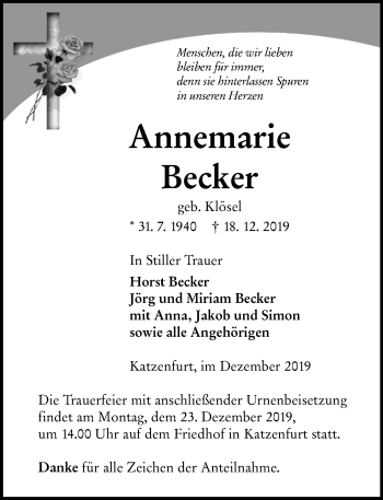 Traueranzeige von Annemarie Becker von 201 Wetzlarer Neue Zeitung