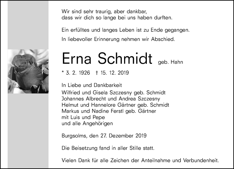  Traueranzeige für Erna Schmidt vom 27.12.2019 aus 201 Wetzlarer Neue Zeitung