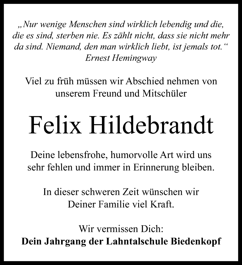  Traueranzeige für Felix Hildebrandt vom 04.12.2019 aus 205 HA - Hinterländer Anzeiger (130)