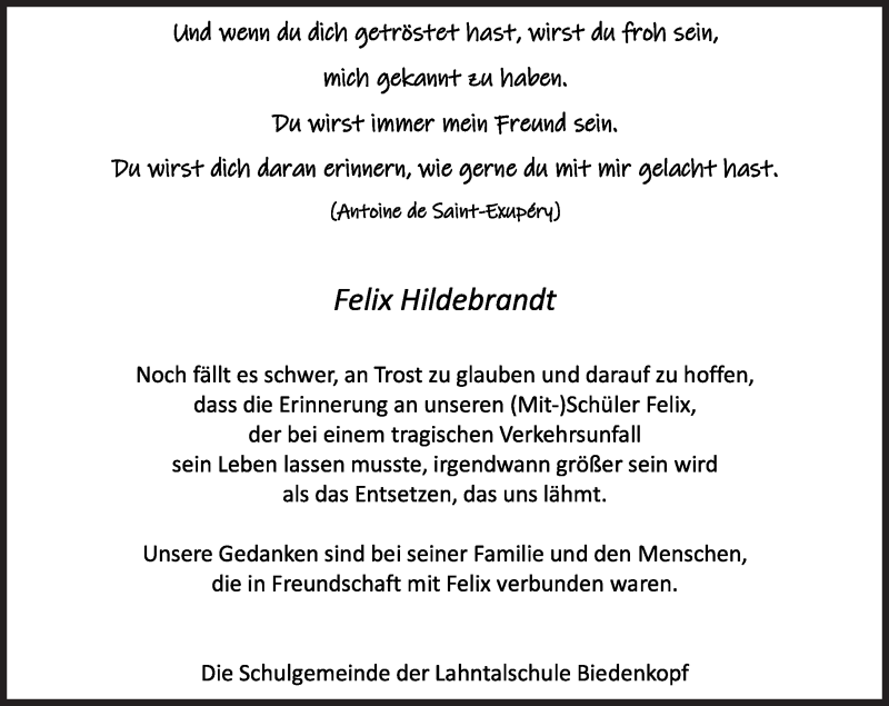  Traueranzeige für Felix Hildebrandt vom 02.12.2019 aus 205 HA - Hinterländer Anzeiger (130)