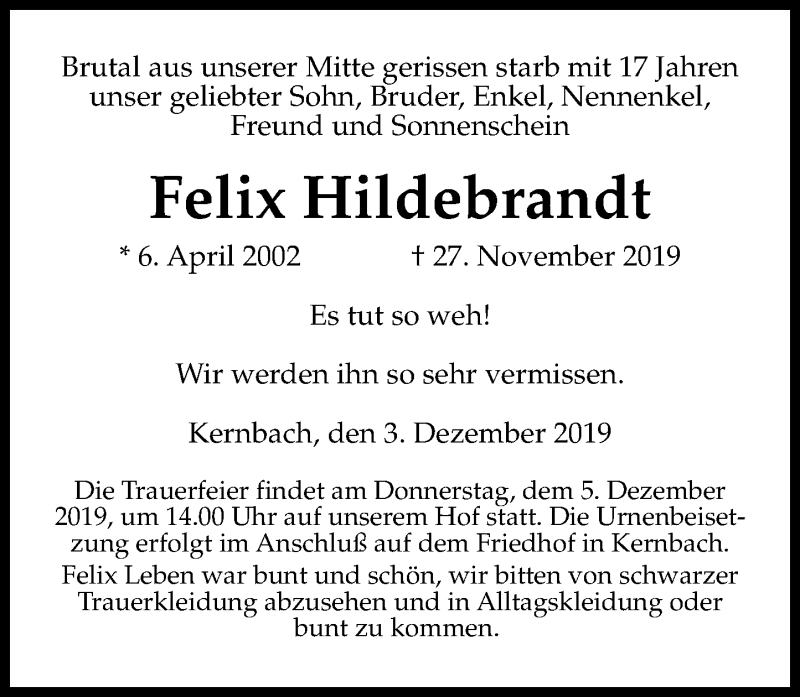  Traueranzeige für Felix Hildebrandt vom 03.12.2019 aus 205 HA - Hinterländer Anzeiger (130)