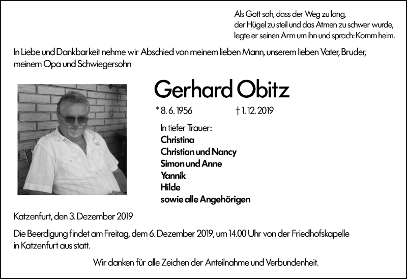  Traueranzeige für Gerhard Obitz vom 03.12.2019 aus 202 Dill Block (120)