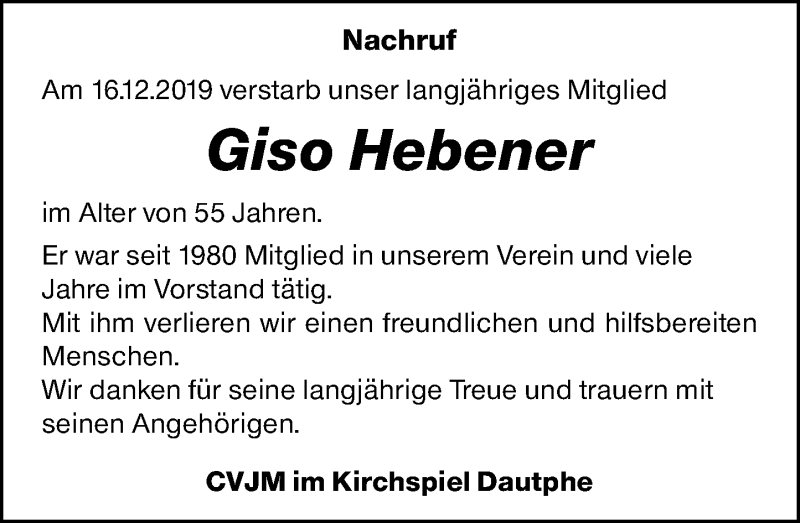  Traueranzeige für Giso Hebener vom 21.12.2019 aus 205 Hinterländer Anzeiger