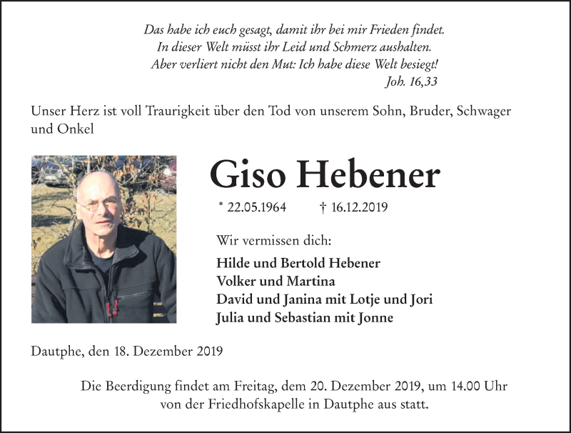  Traueranzeige für Giso Hebener vom 18.12.2019 aus 205 Hinterländer Anzeiger