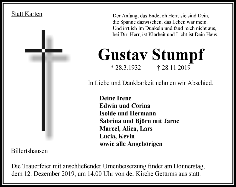  Traueranzeige für Gustav Stumpf vom 07.12.2019 aus VRM Trauer